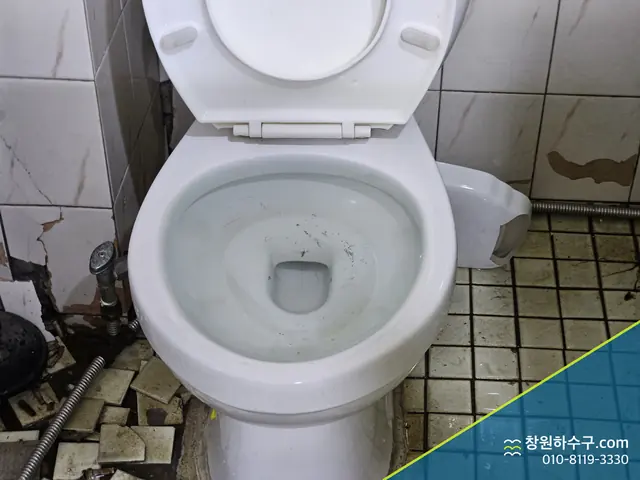 바닥 타일이 깨진 화장실의 변기